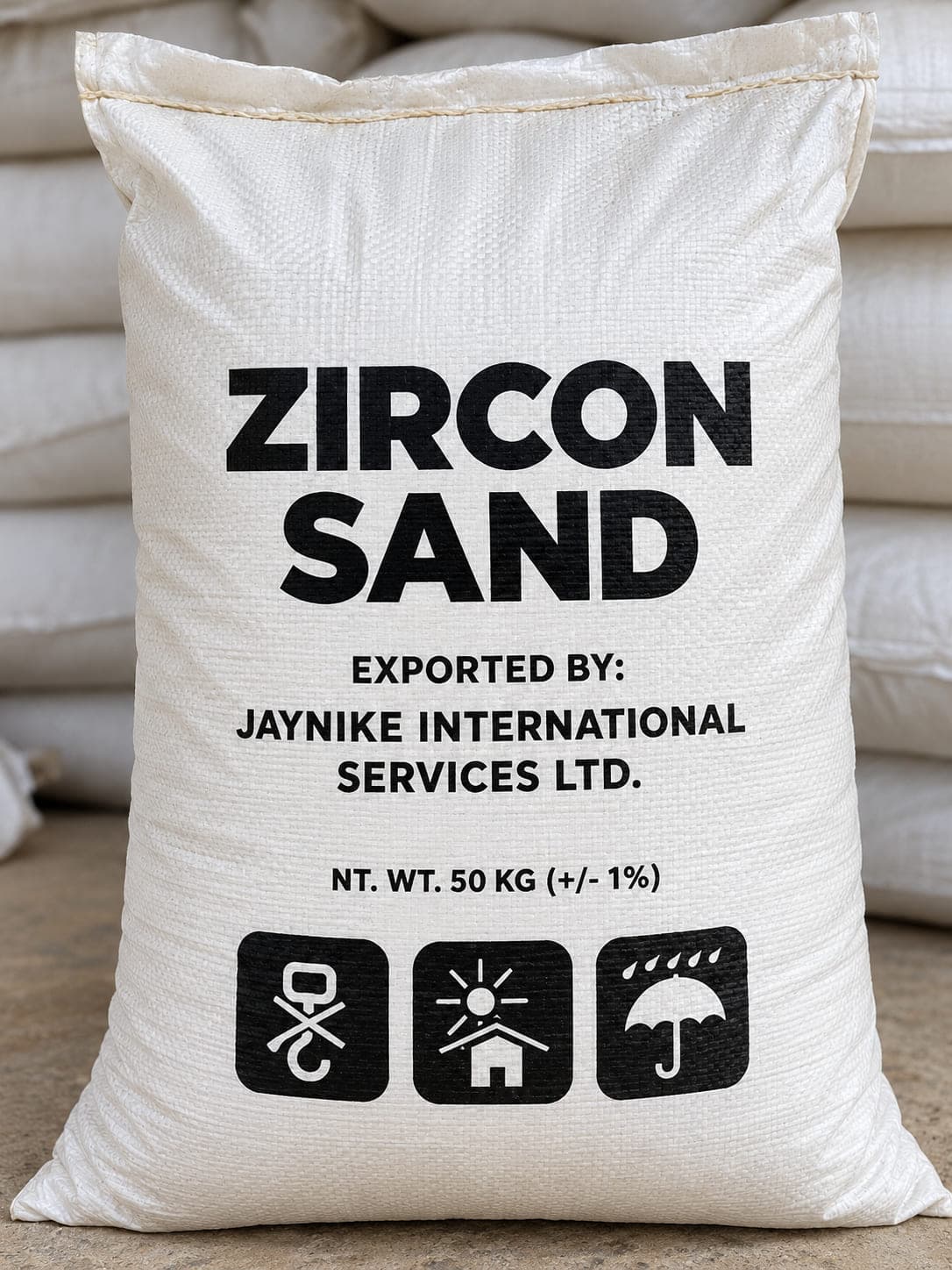 A 50 kg zircon sand export sack, printed with the mineral, the exporter and the net weight, and marked with handling symbols.